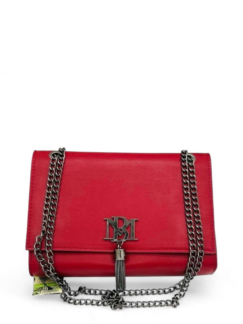 BADGLEY MISCHKA Red Vegan Leather Chain Shoulder Bag w/gunmetal tassel detail